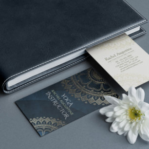 Yoga Meditation Instructor Gold Mandala Navy Blue Business Card