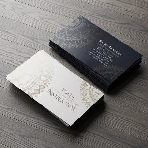 Yoga Meditation Instructor Gold Mandala Navy Blue Business Card