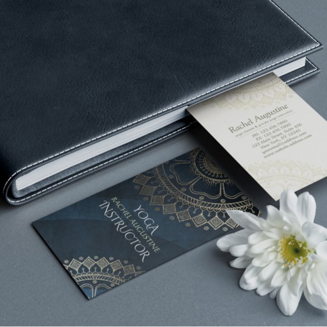 Yoga Meditation Instructor Gold Mandala Navy Blue Business Card (Creator Uploaded)