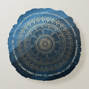 Yoga Meditation Instructor Gold Mandala Navy Blue Round Cushion