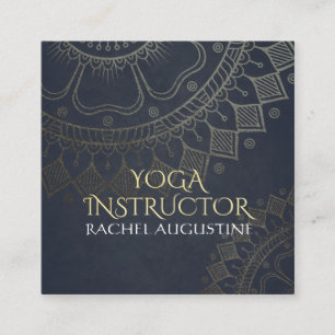 Yoga Meditation Instructor Gold Mandala Navy Blue Square Business Card