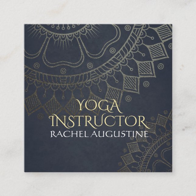 Yoga Meditation Instructor Gold Mandala Navy Blue Square Business Card (Front)