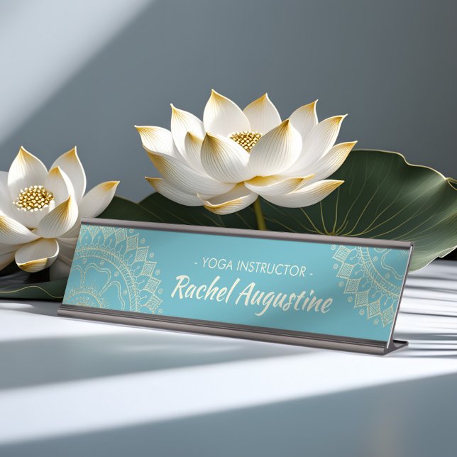 Yoga Meditation Instructor Green Blue Gold Mandala Desk Name Plate (Creator Uploaded)