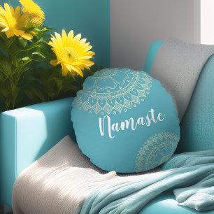 Yoga Meditation Instructor Green Blue Gold Mandala Round Cushion