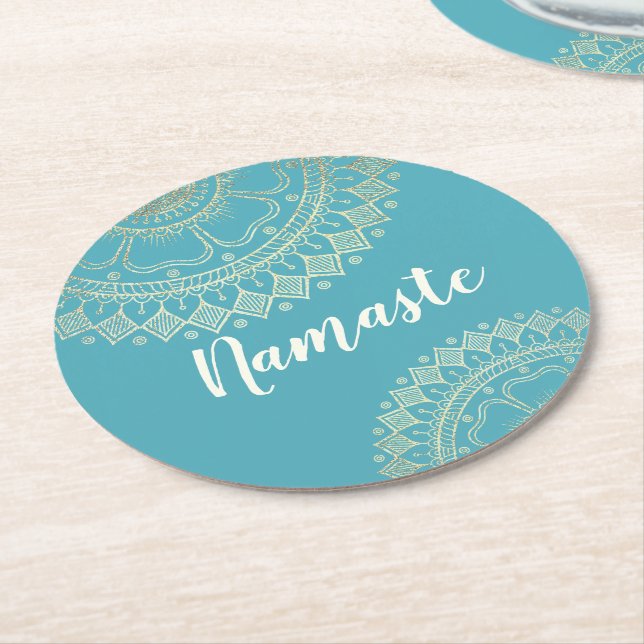 Yoga Meditation Instructor Green Blue Gold Mandala Round Paper Coaster (Angled)