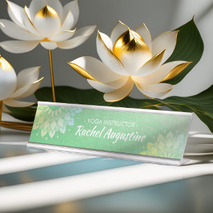 Yoga Meditation Instructor Green Gold Foil Mandala Desk Name Plate