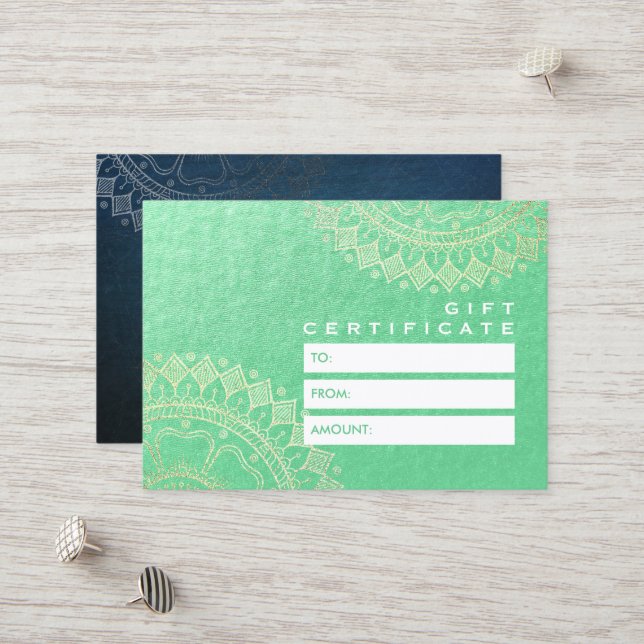 Yoga Meditation Instructor Green Gold Foil Mandala Discount Card (Front/Back In Situ)