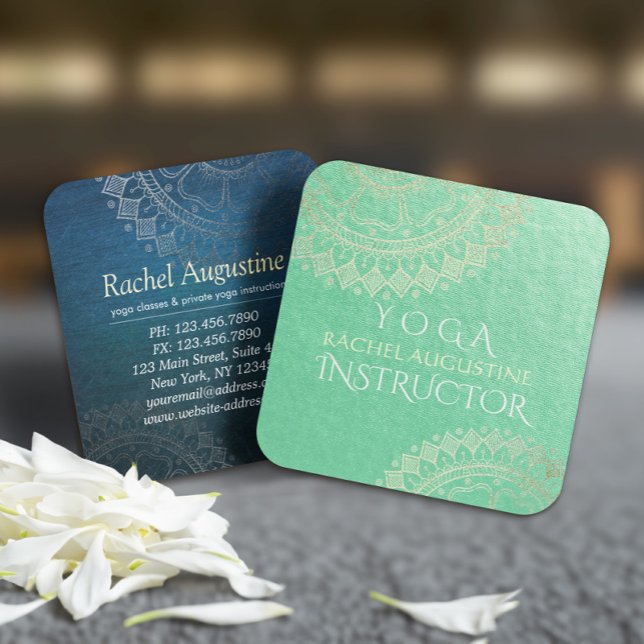 Yoga Meditation Instructor Green Gold Foil Mandala Square Business Card (Creator Uploaded)