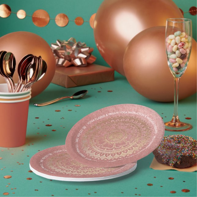 Yoga Meditation Instructor Pink Gold Foil Mandala Paper Plate (Multi)