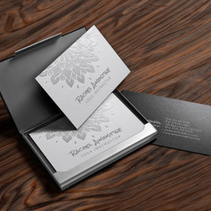 YOGA Meditation Instructor White & Silver Mandala Business Card