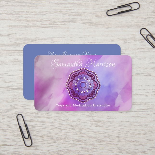 Yoga Meditation Monogram Purple Mandala Elegant  Business Card (Front/Back In Situ)