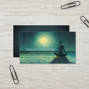 Yoga Meditation Pose on Rock Full Moon Stars Night Business Card