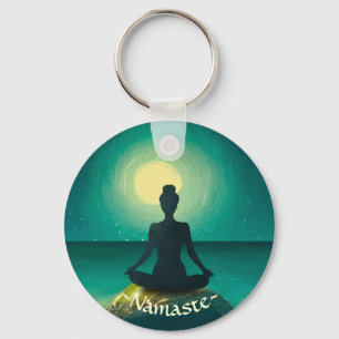 Yoga Meditation Pose on Rock Full Moon Stars Night Key Ring