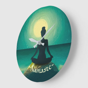 Yoga Meditation Pose on Rock Full Moon Stars Night Large Clock