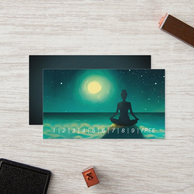 Yoga Meditation Pose on Rock Full Moon Stars Night Loyalty Card (Front/Back In Situ)