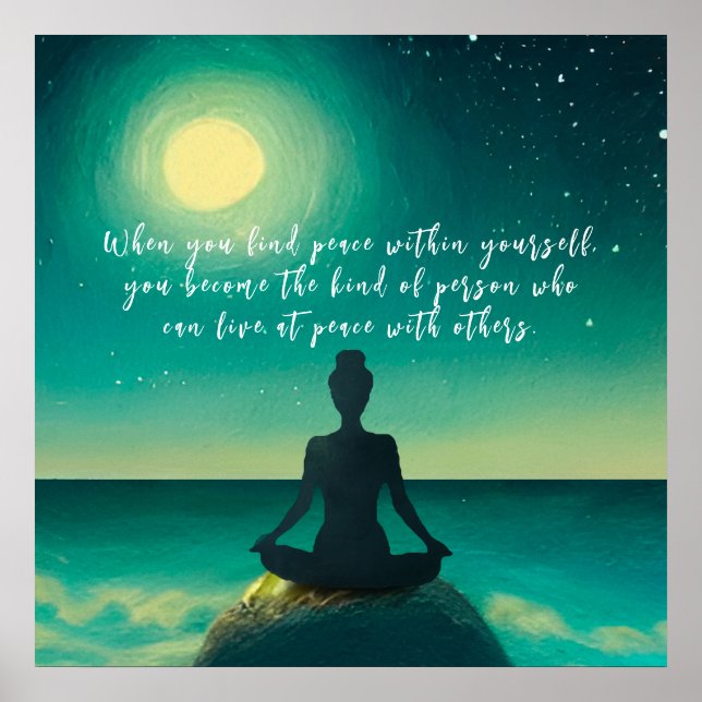 Yoga Meditation Pose on Rock Moon Star Ocean Quote Poster (Front)