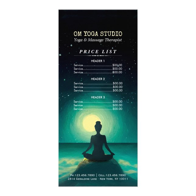 Yoga Meditation Pose on Rock Moon Stars Price List Rack Card (Front)