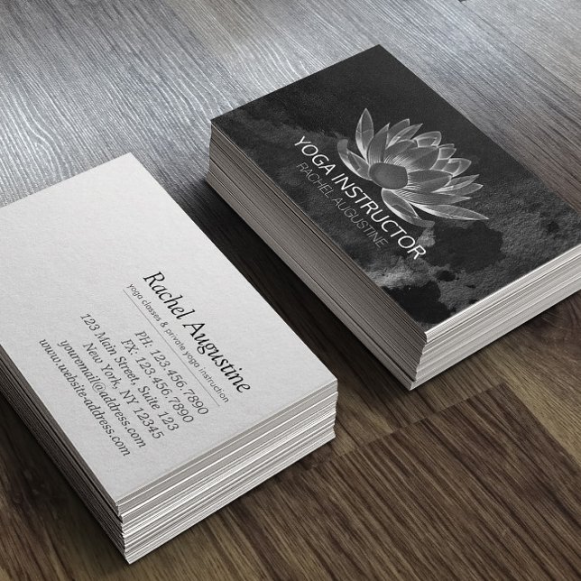 YOGA Meditation Reiki Instructor Black White Lotus Business Card (Creator Uploaded)