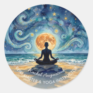Yoga Meditation Starry Night Sky Moon Ocean Beach Classic Round Sticker