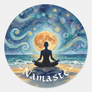 Yoga Meditation Starry Night Sky Moon Ocean Beach Classic Round Sticker