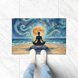 Yoga Meditation Starry Night Sky Moon Ocean Beach Doormat