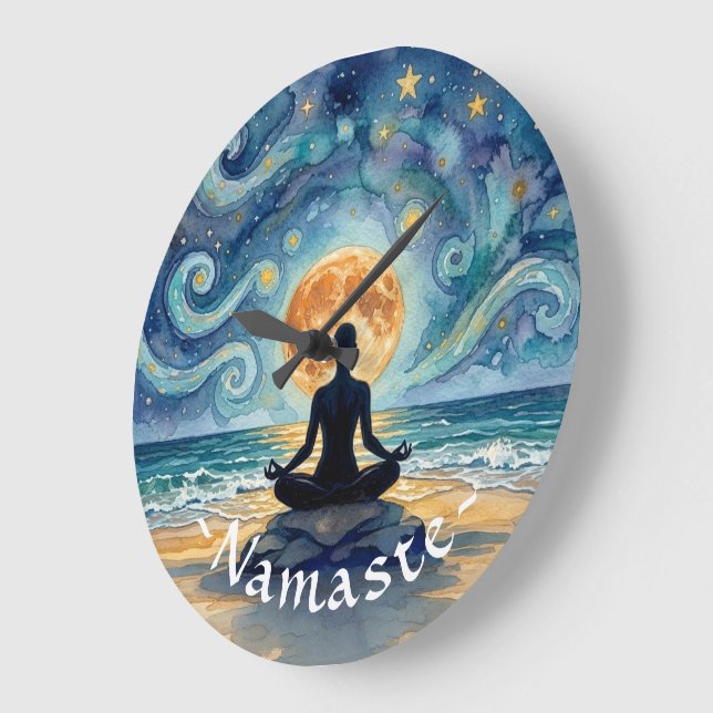 Yoga Meditation Starry Night Sky Moon Ocean Beach Large Clock (Angle)