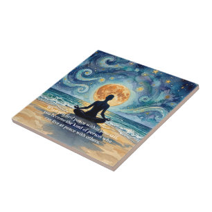 Yoga Meditation Starry Night Sky Moon Ocean Quotes Ceramic Tile