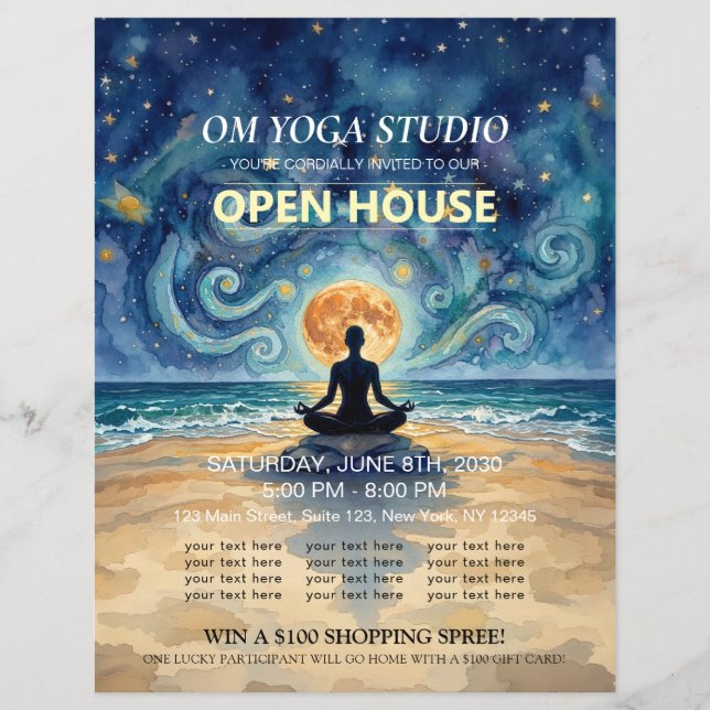 Yoga Meditation Starry Night Sky Moon Open House Flyer (Front)