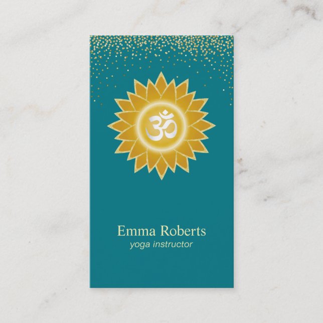 Yoga & Meditation Teacher Lotus Teal Gold Glitter Business Card (Front)