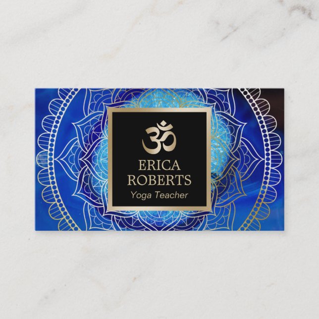 Yoga & Meditation Teacher Mandala Elegant Blue Business Card (Front)