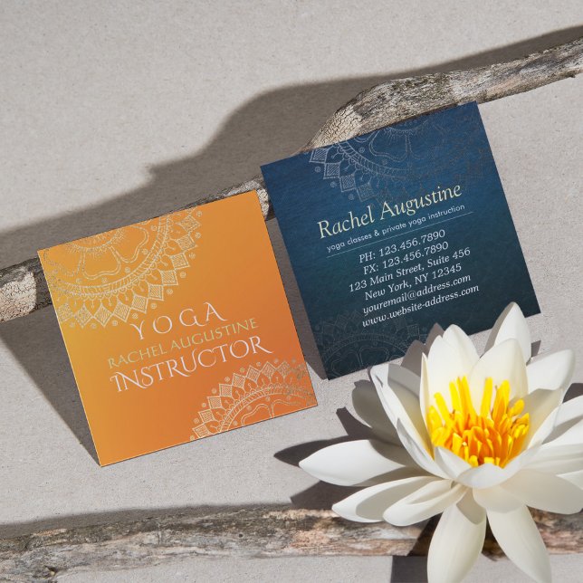 Yoga Meditation Teacher Modern Orange Gold Mandala Square Business Card (Creator Uploaded)