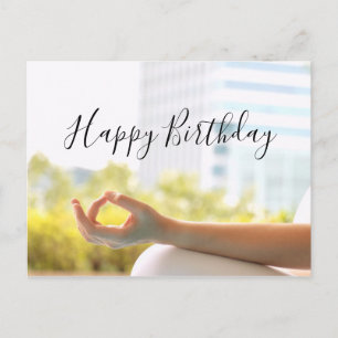 Yoga meditation woman focus at finger Birthday Postcard