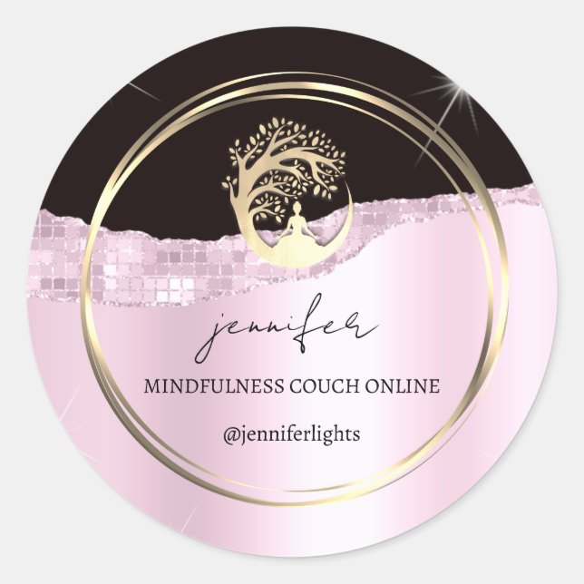Yoga Mindfulness Therapist Couch Gold Black Pink Classic Round Sticker (Front)