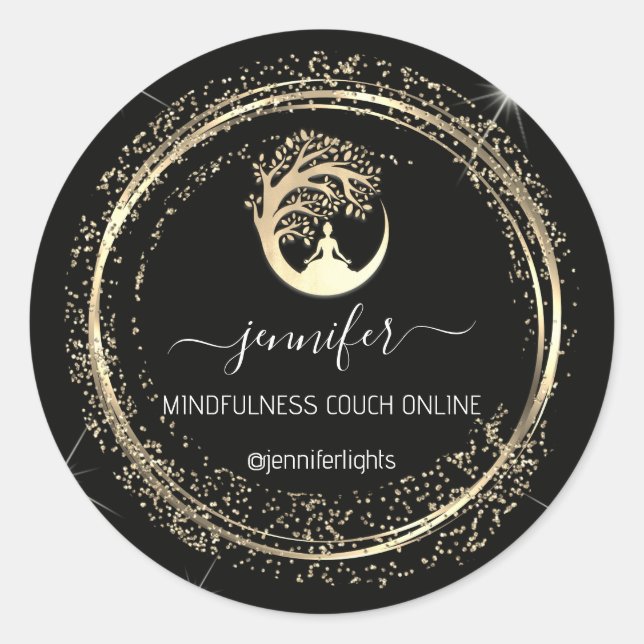Yoga Mindfulness Therapist Couch Gold Frame Black Classic Round Sticker (Front)