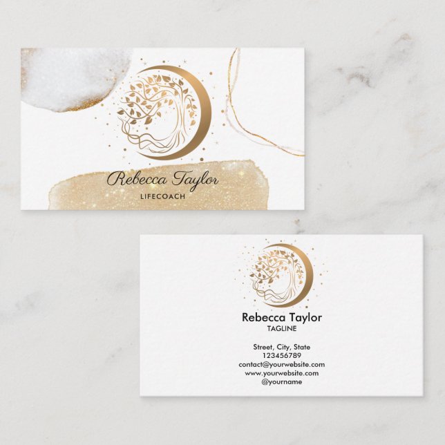 yoga moon trendy life coach tree of life gold busi business card (Front/Back)