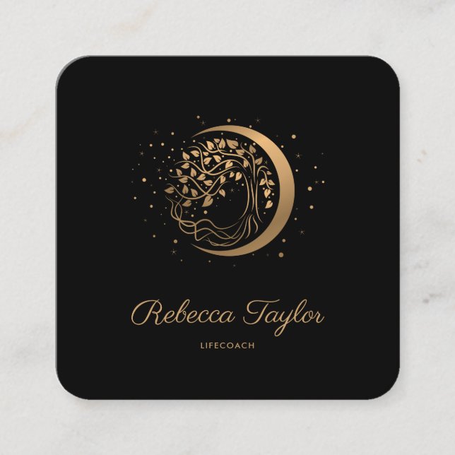 yoga moon trendy life coach tree of life gold square business card (Front)
