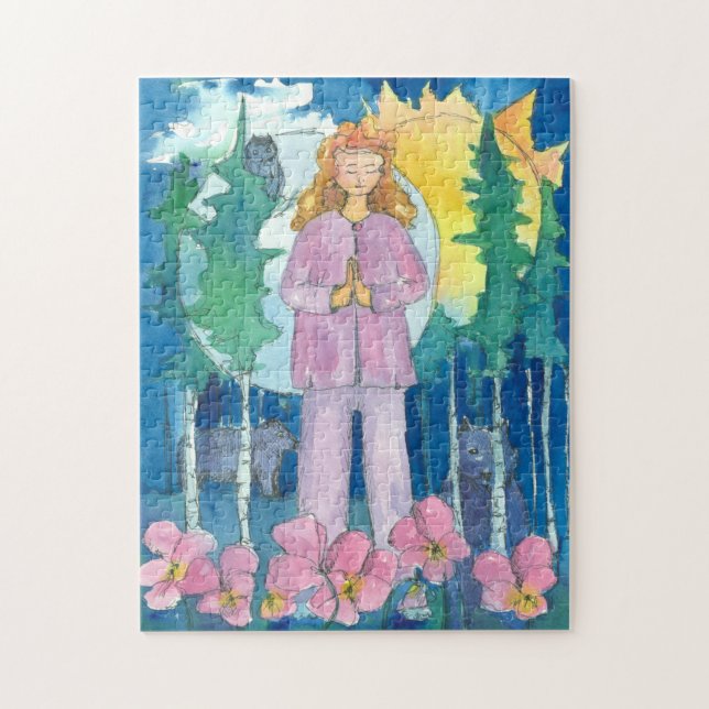 Yoga Mountain Pose Wolf Owl Sun Moon Indigo Night Jigsaw Puzzle (Vertical)