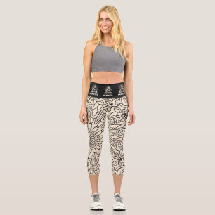 Yoga namaste Buddha cat. Cream and black Capri Leggings