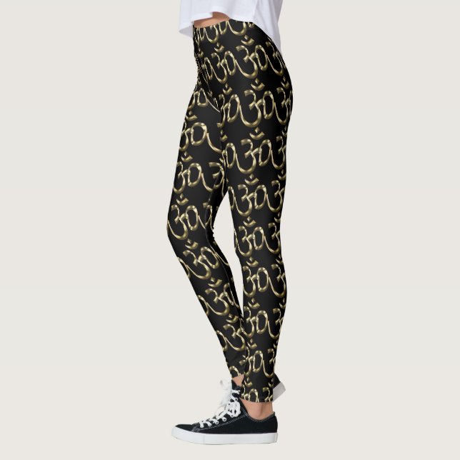 Yoga, Om Aum Icon, Hinduism Symbol, gold black Leggings (Left)