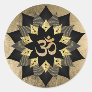 Yoga Om Symbol Black & Gold Lotus Flower Classic Round Sticker