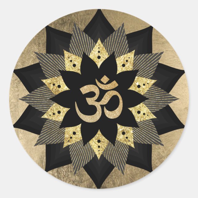 Yoga Om Symbol Black & Gold Lotus Flower Classic Round Sticker (Front)