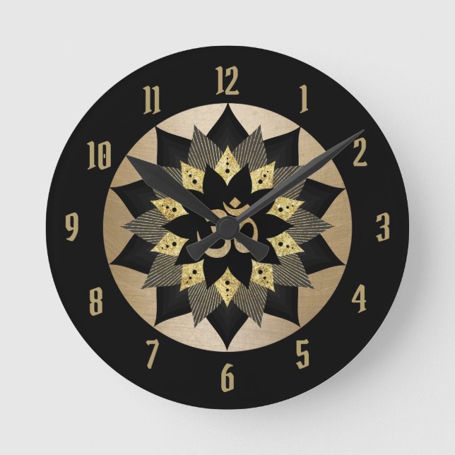 Yoga Om Symbol Black & Gold Lotus Flower Mandala Round Clock (Front)