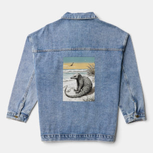 Yoga Pangolin at the Beach: Intricate Ink Illustra Denim Jacket