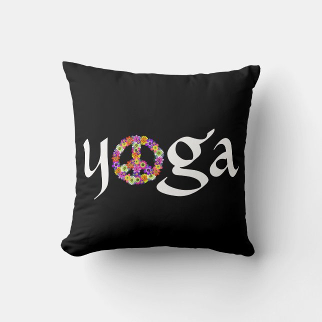 Yoga Peace Sign Floral on Black Cushion (Front)