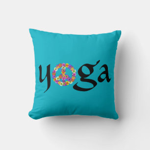 Yoga Peace Sign Floral on Turquoise Cushion