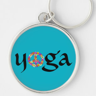 Yoga Peace Sign Floral on Turquoise Key Ring