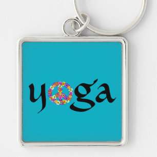 Yoga Peace Sign Floral on Turquoise Key Ring