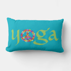 Yoga Peace Sign Floral on Turquoise Lumbar Cushion