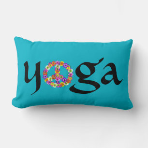 Yoga Peace Sign Floral on Turquoise Lumbar Cushion