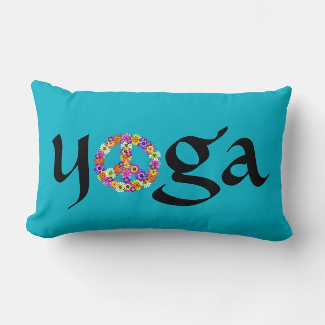 Yoga Peace Sign Floral on Turquoise Lumbar Cushion (Front)